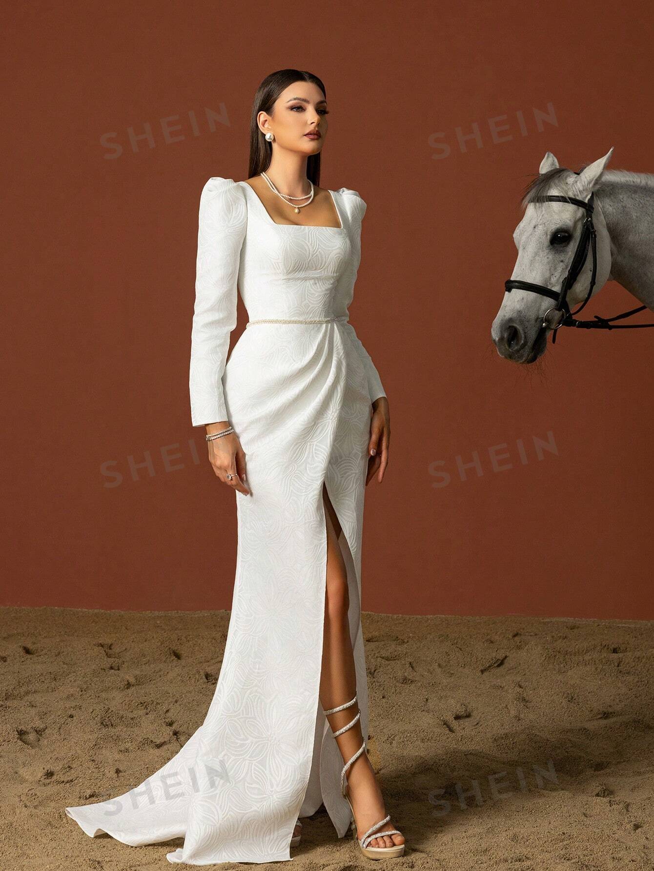 Женское простое легкое свадебное платье во французском стиле с квадратным вырезом и длинными рукавами, белый простое свадебное платье без бретелек модель 2022 года с рукавами фонариками и открытой спиной женское элегантное платье со шлейфом
