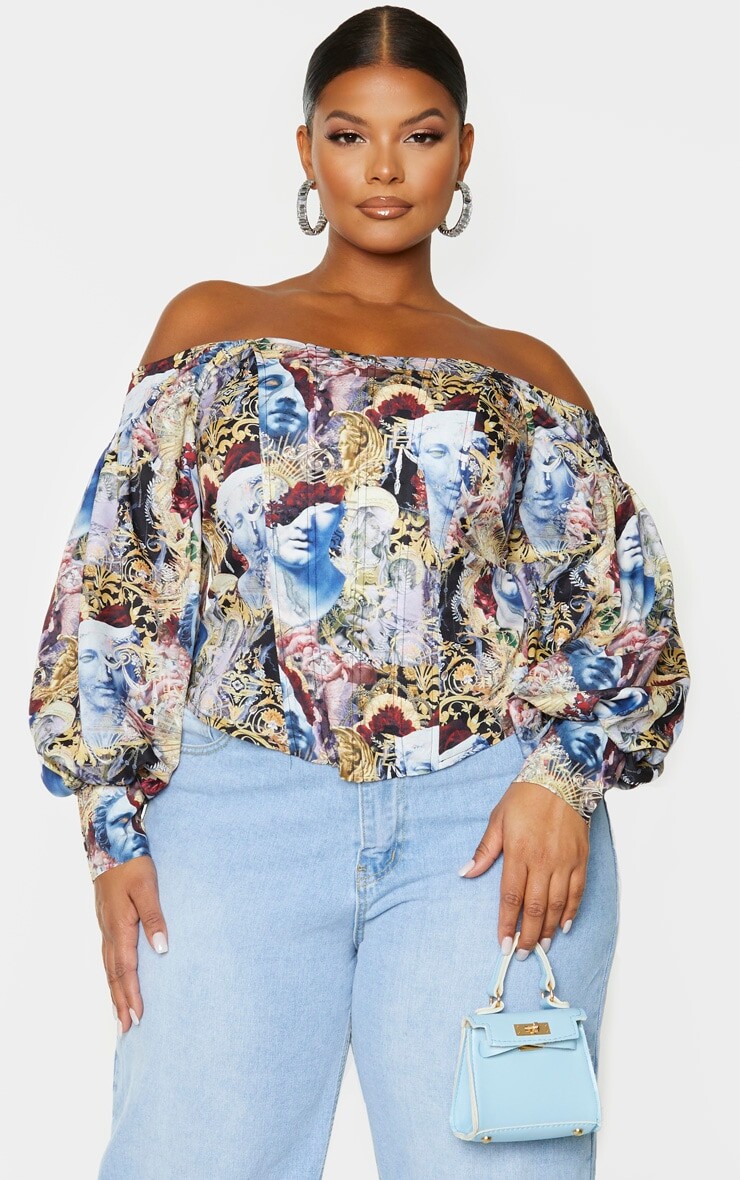 

PrettyLittleThing Корсетный топ Plus Multi Renaissance Bardot с объемными рукавами