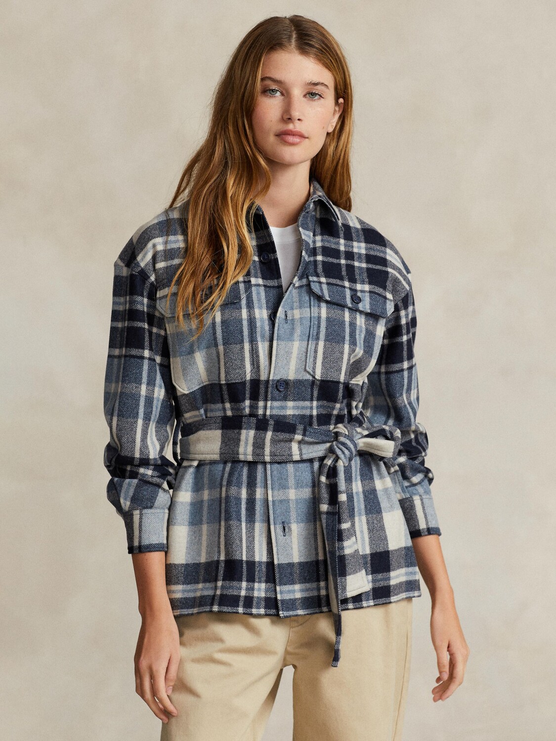 

Рубашка в клетку из смесовой шерсти с поясом-поло Ralph Lauren, синий/мульти