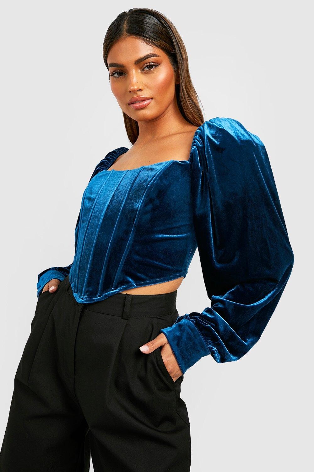 

Бархатный корсетовый топ с бухными рукавами Boohoo, бирюзовый