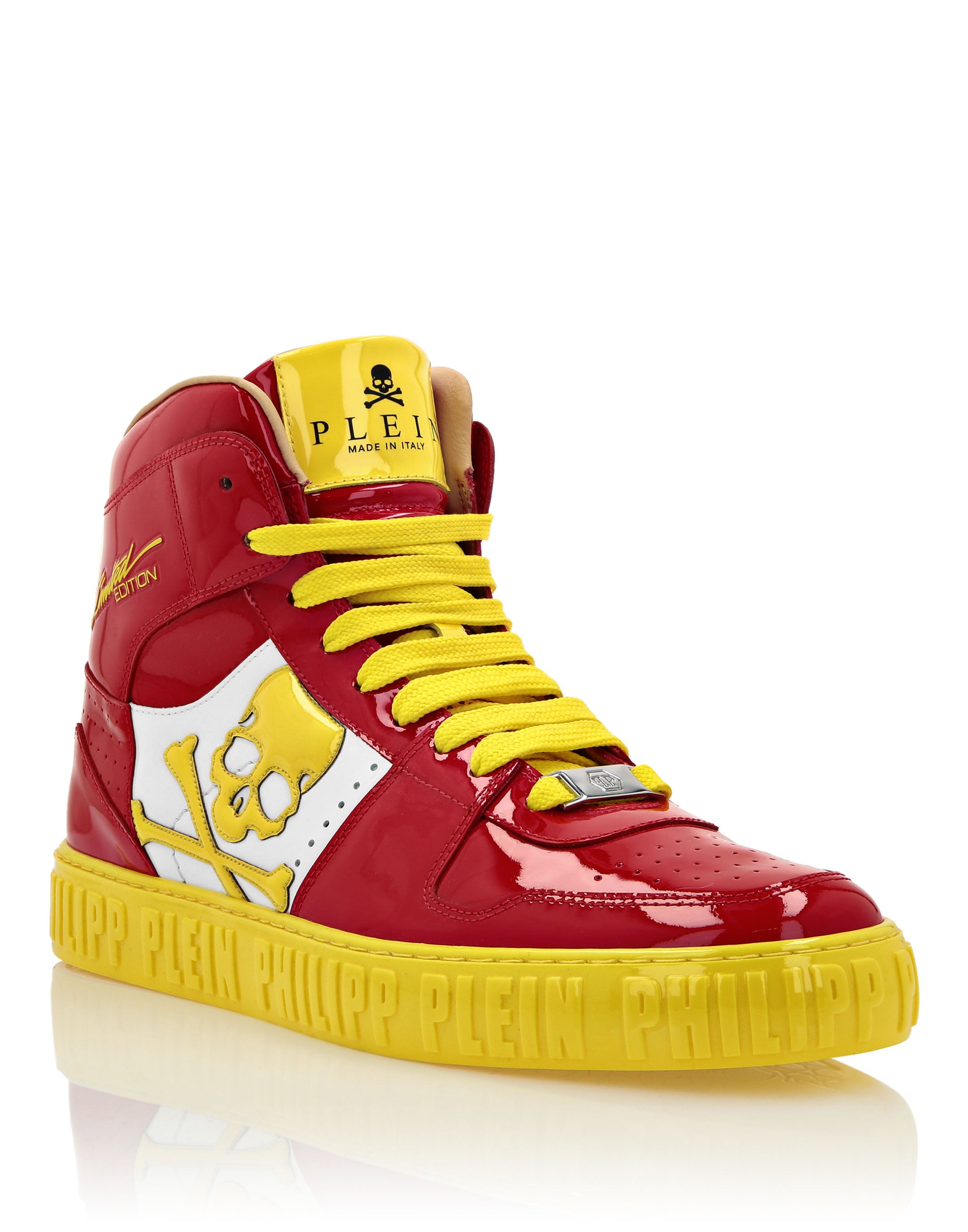 

ВЫСОКИЕ КРОССОВКИ ПЕДАЛЬНЫЙ ПАТЕНТНЫЙ ЧЕРЕП Philipp Plein, цвет Red+Yellow