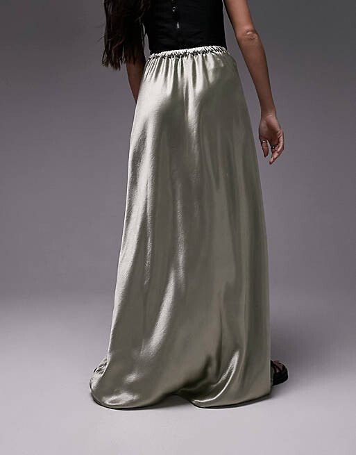 

Атласная юбка макси с эластичным эффектом и кулиской Topshop цвета хаки