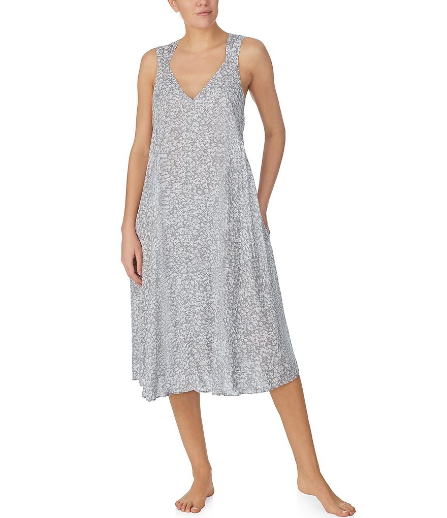 Donna Karan Длинная тканая ночная рубашка без рукавов с V-образным вырезом и цветочным принтом, серый перчатки горные glance donna серый 6 5
