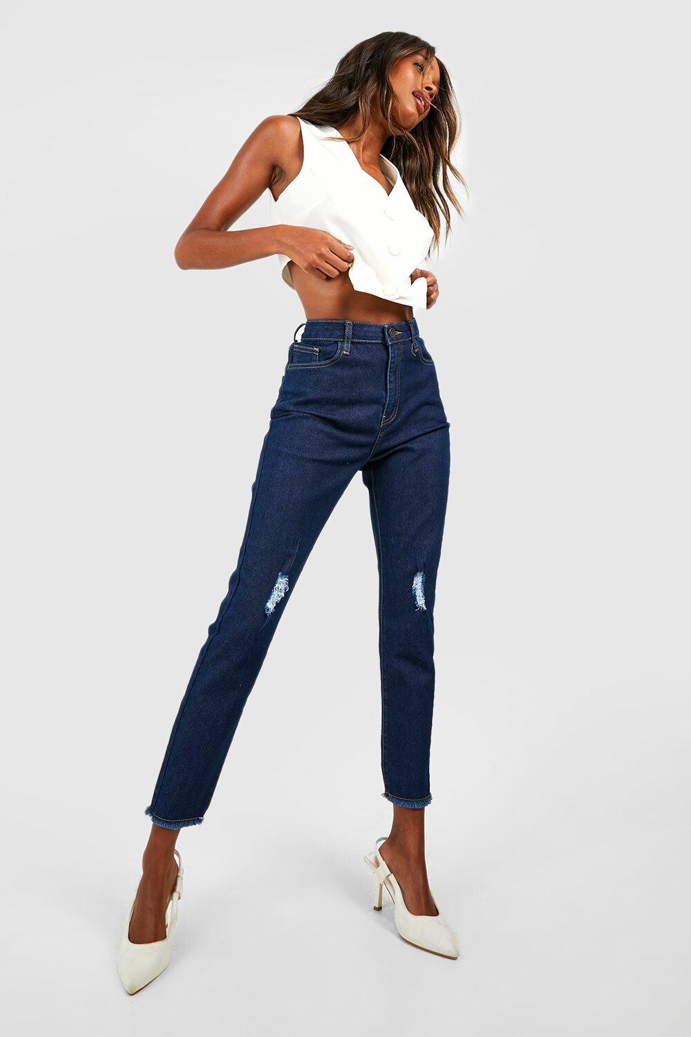 

Рваные джинсы скинни с высокой посадкой basics Boohoo, синий