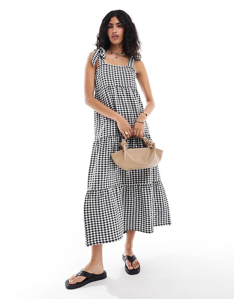 

Многослойное платье макси в клетку Miss Selfridge – Vichy с завязкой на плече