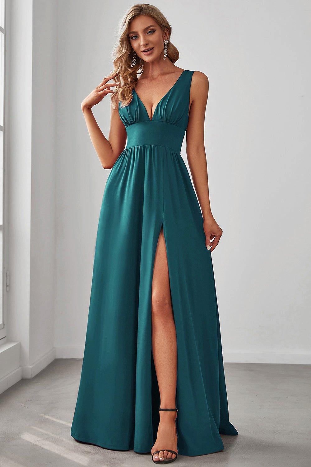 Вечернее платье длиной до пола с V-образным вырезом и высоким разрезом с ампирной талией Ever Pretty, зеленый