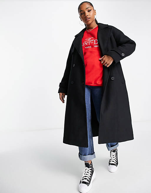 

Черное пальто макси с поясом Bershka