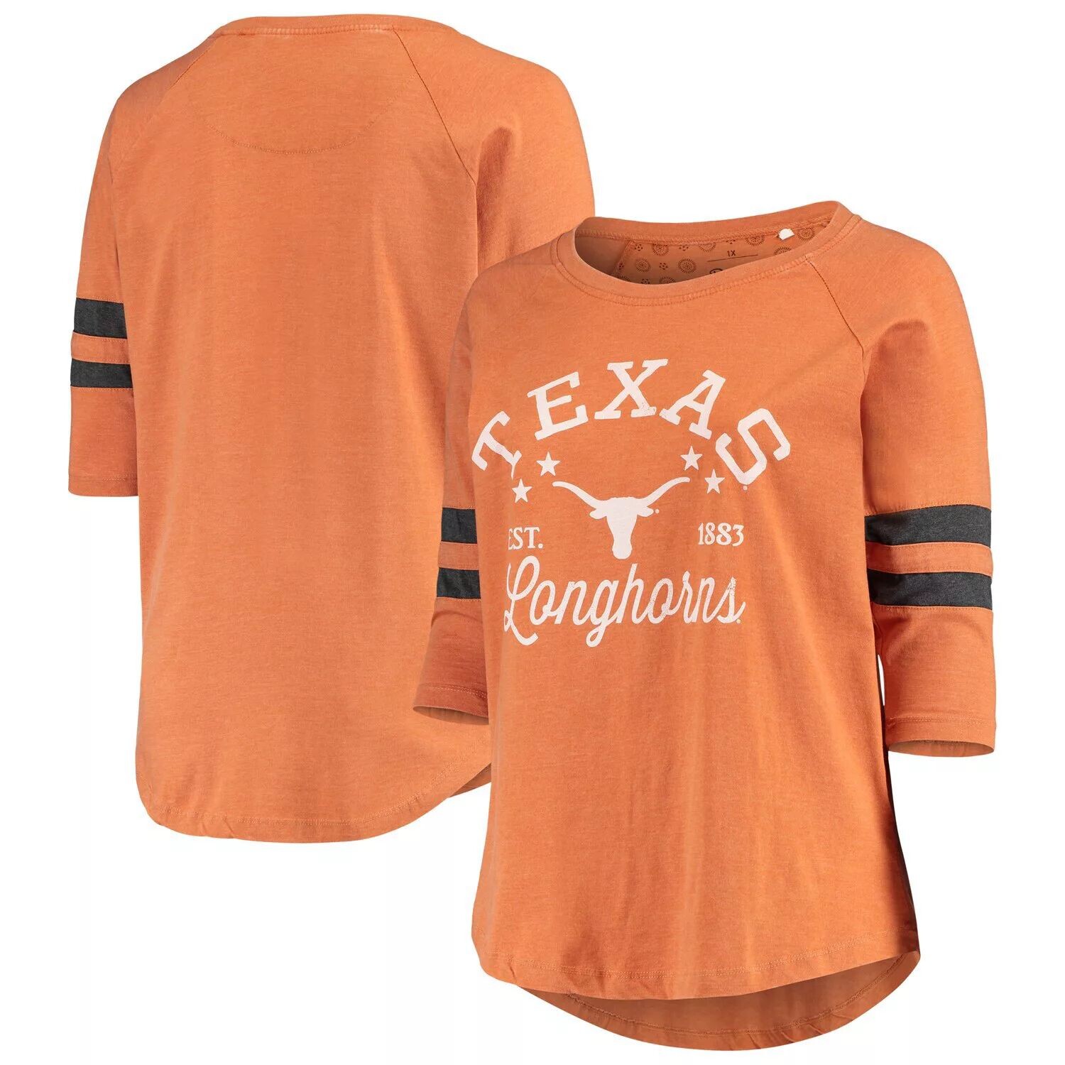 

Женская футболка Pressbox Texas Orange/Black Texas Longhorns размера плюс нефритовая винтажная мытая футболка с рукавами 3/4 и реглан