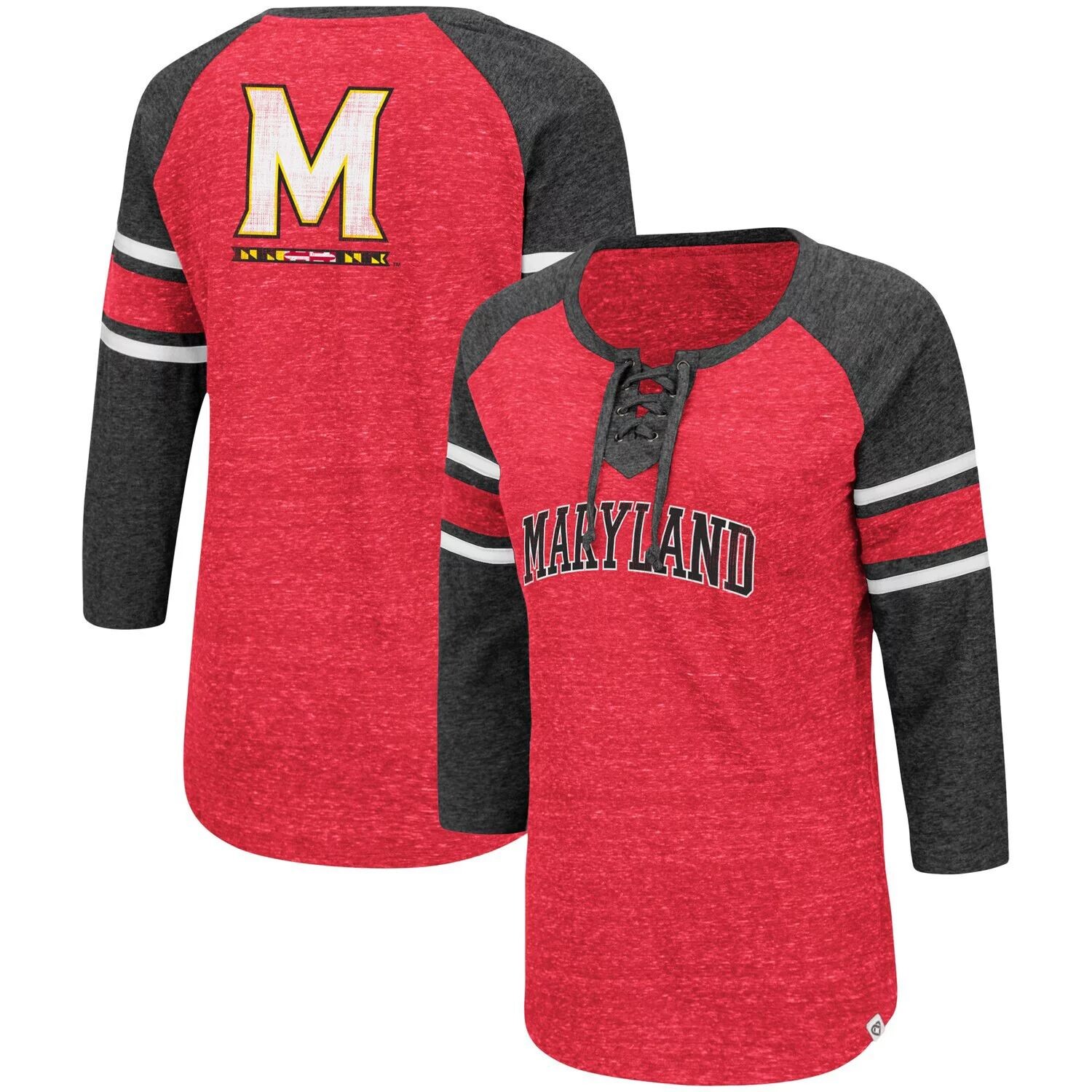 

Женская футболка Colosseum Red/Heared Charcoal Maryland Terrapins Scienta Pasadena Raglan с рукавами 3/4 на шнуровке Colosseum