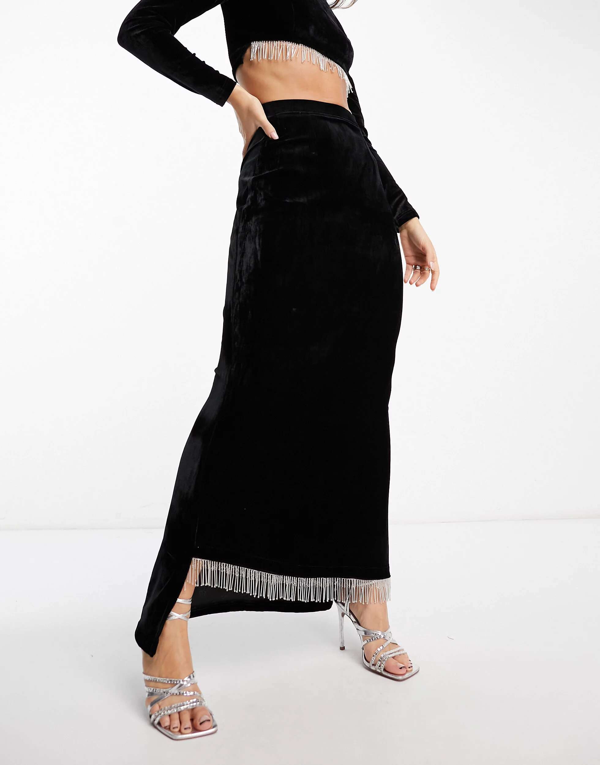 Черная комбинированная юбка макси с бахромой Kanya London