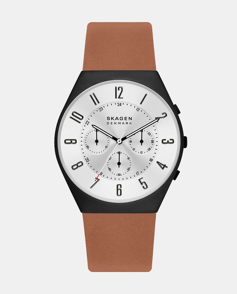 

Устойчивые мужские часы Grenen Chronograph SKW6823 из коричневой кожи с хронографом Skagen, коричневый