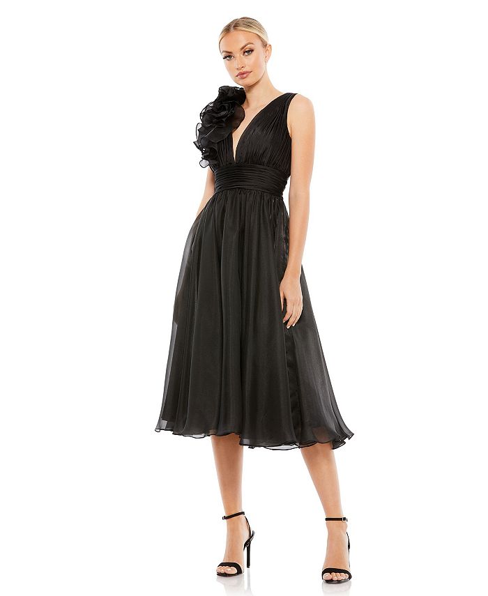 Женское коктейльное платье трапециевидной формы с глубоким вырезом и оборками Mac Duggal, черный женское шифоновое платье без рукавов элегантное свадебное платье трапеция с v образным вырезом модель 2020