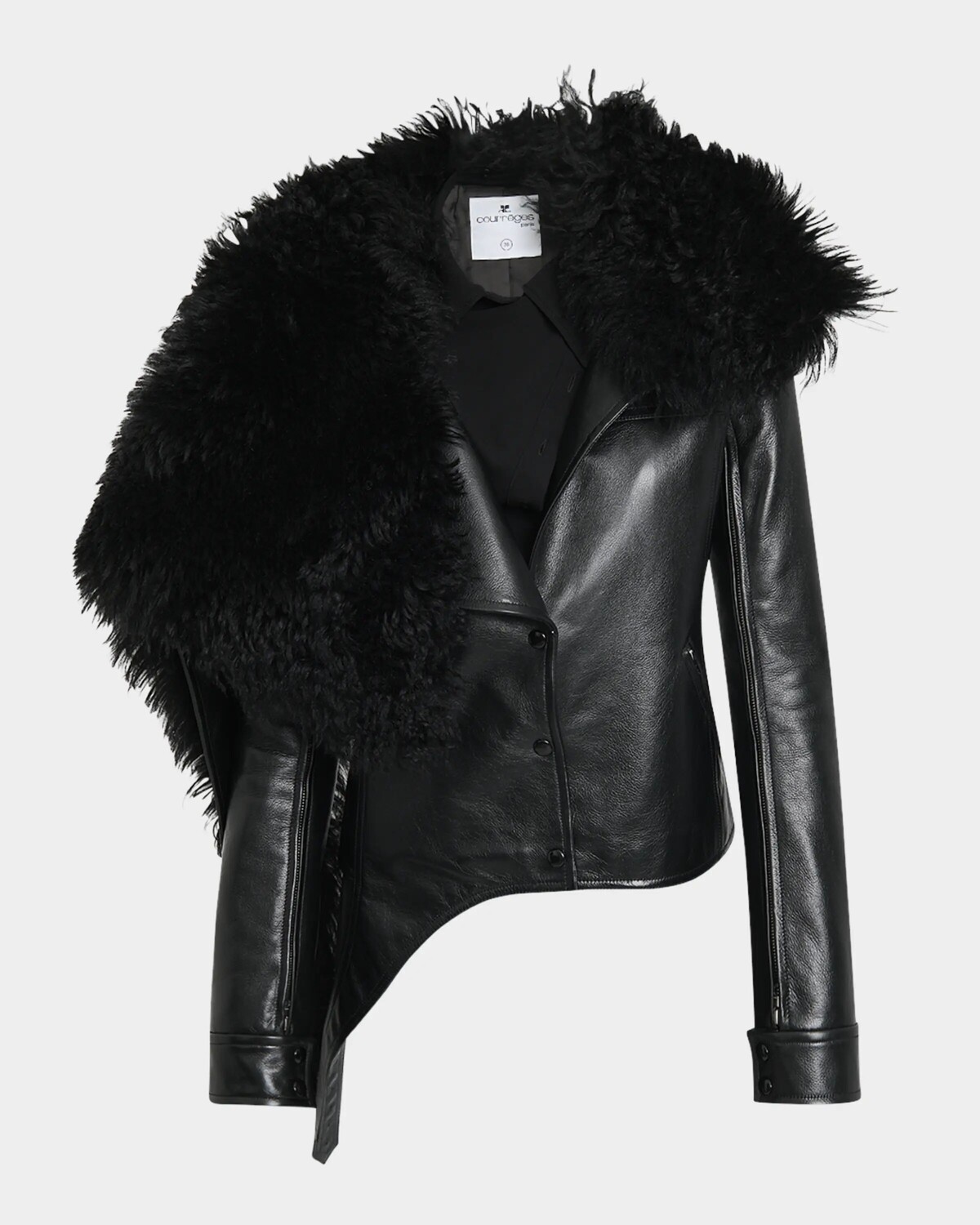 

Асимметричная кожаная байкерская куртка из овечьей шерсти Courreges, черный