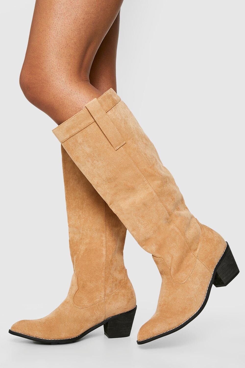 

Широкие ковбойские ботинки до колена широкой ширины Boohoo, загар