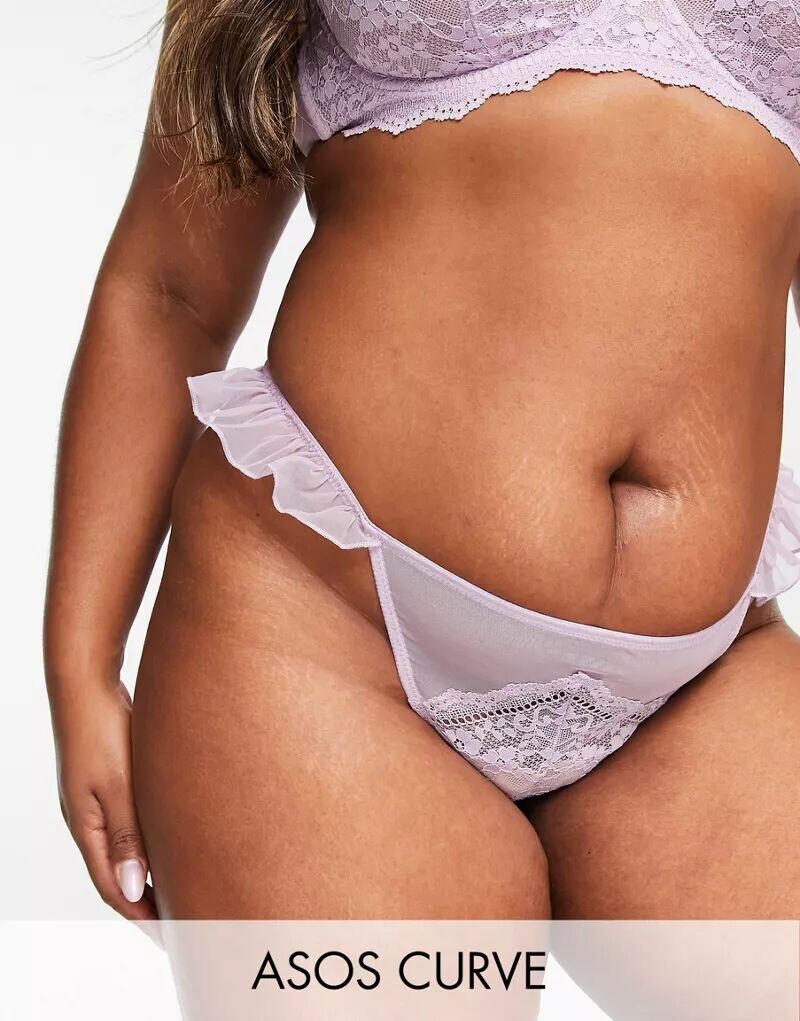 

Сиреневые кружевные стринги с рюшами и рюшами ASOS DESIGN Curve Ellie