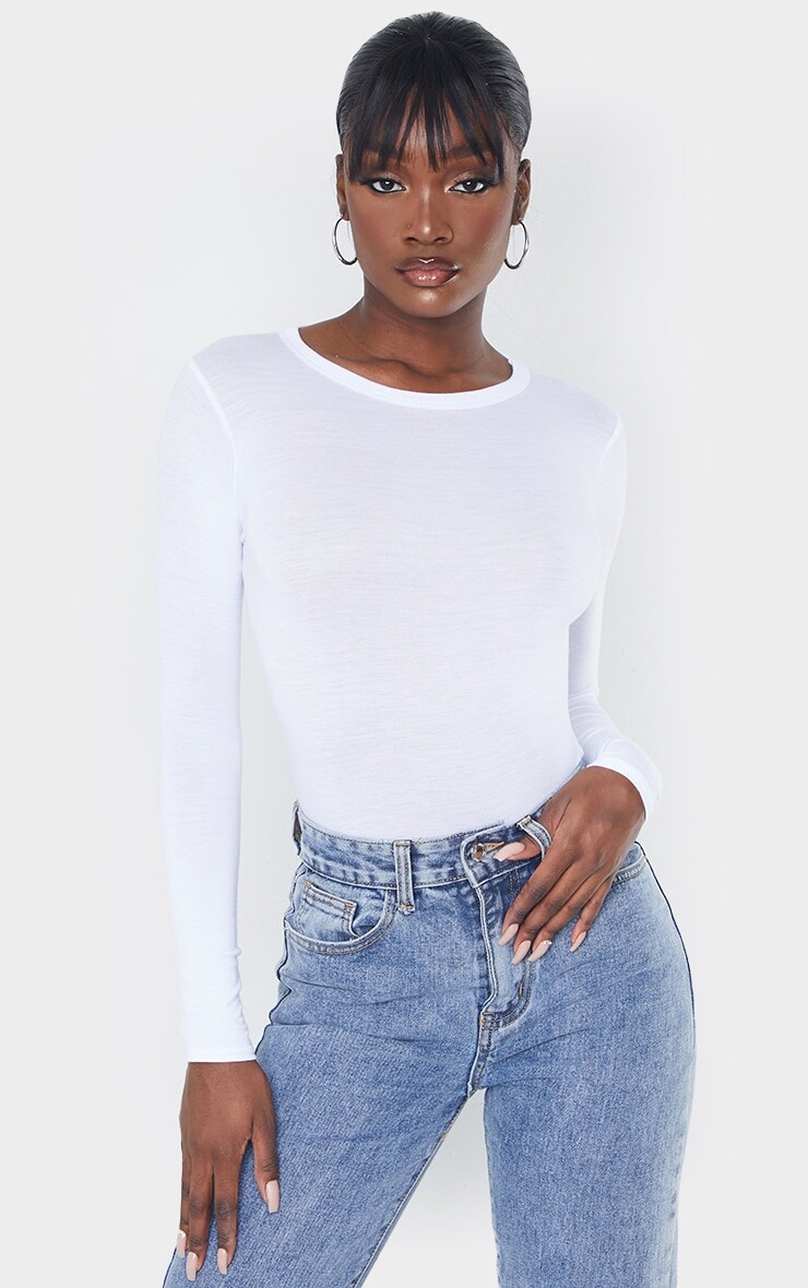 

PrettyLittleThing Высокий белый базовый топ с длинными рукавами