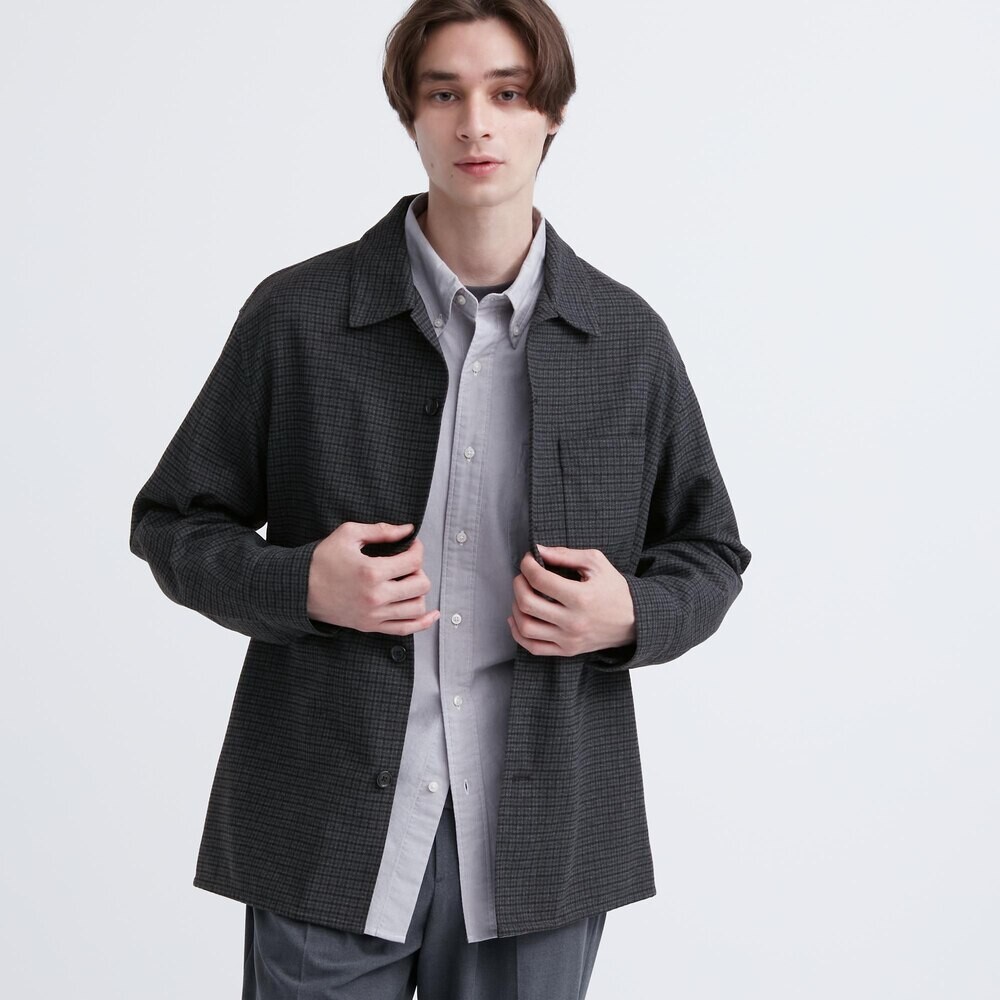 

Рубашка Uniqlo замшевая свободная клетчатая с длинными рукавами, темно-серый