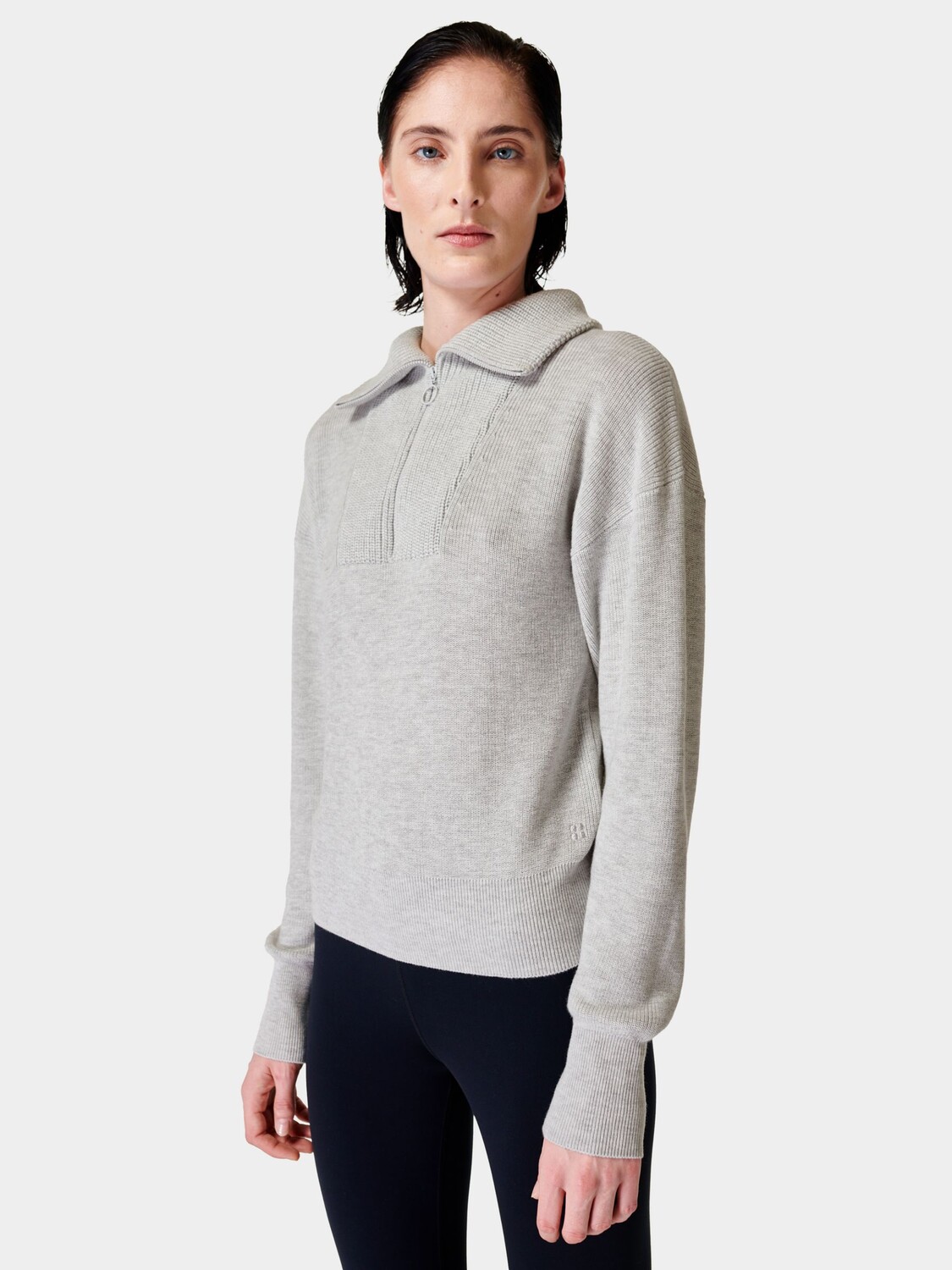 

Свитер фактурной вязки с полумолнией и полумолнией в современном стиле Sweaty Betty, светло-серый меланжевый