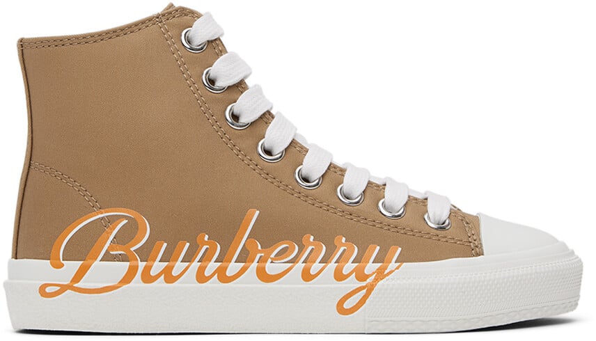 

Детские бежевые кроссовки с логотипом и надписью Burberry