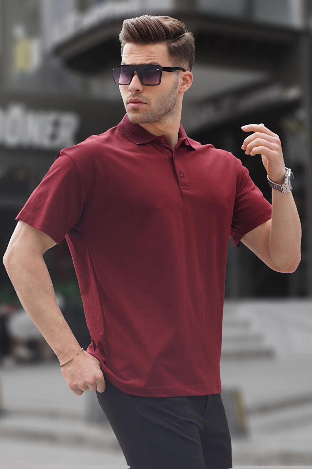 Базовая мужская футболка бордово-красного цвета с воротником поло 6126 MADMEXT