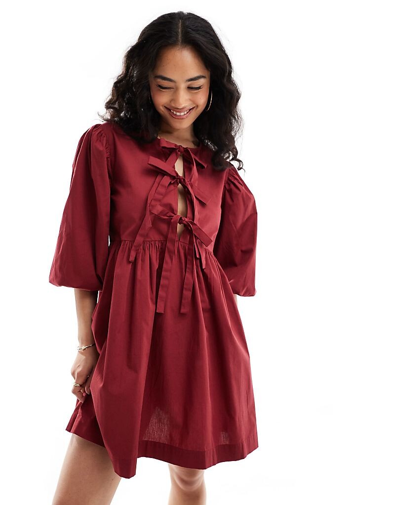 

Бордовое мини-платье ASOS DESIGN Luana с бантом спереди