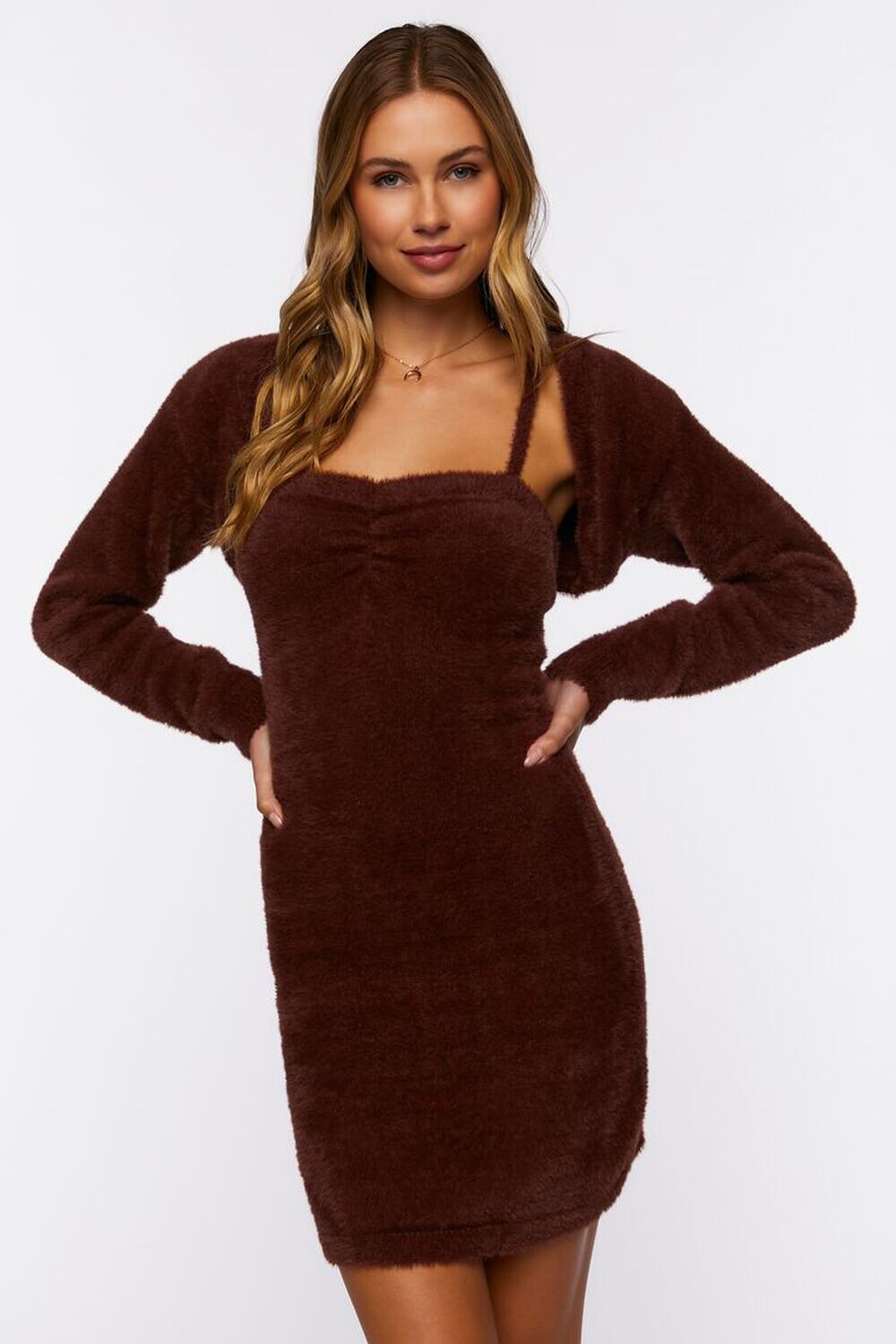 

Комплект из мини-платья и свитера с поясом Fuzzy Forever 21, шоколадный, Коричневый