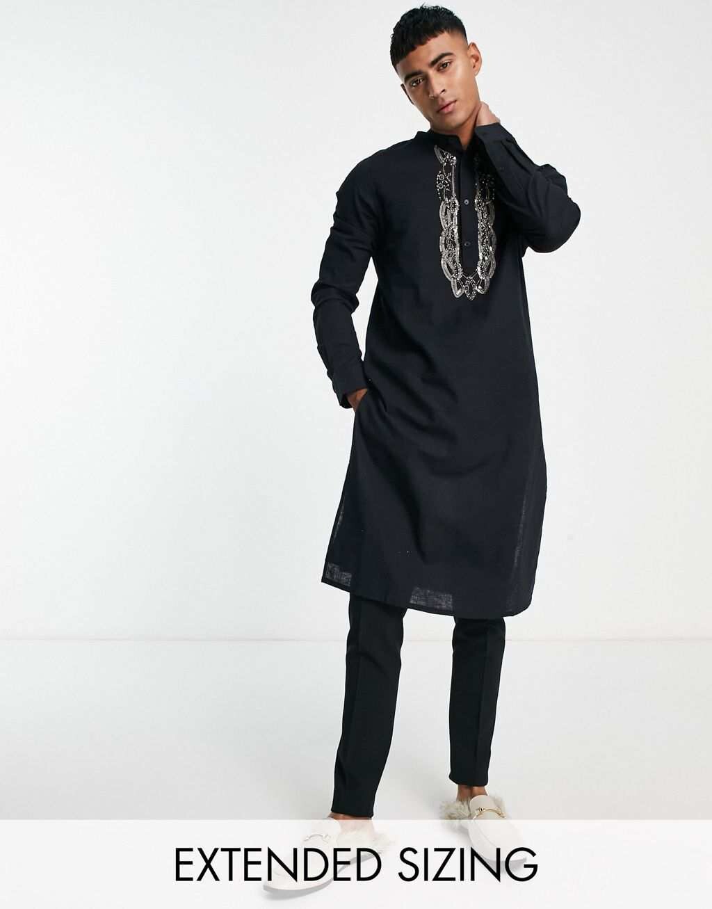 

Длинная рубашка из черного льна с ручным декором ASOS DESIGN kurta