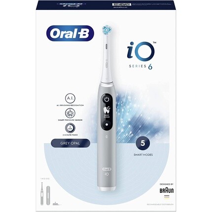 

Электрическая зубная щетка Oral-B iO 6, серая, перезаряжаемая, со сменной головкой и дорожным футляром, бело-черная