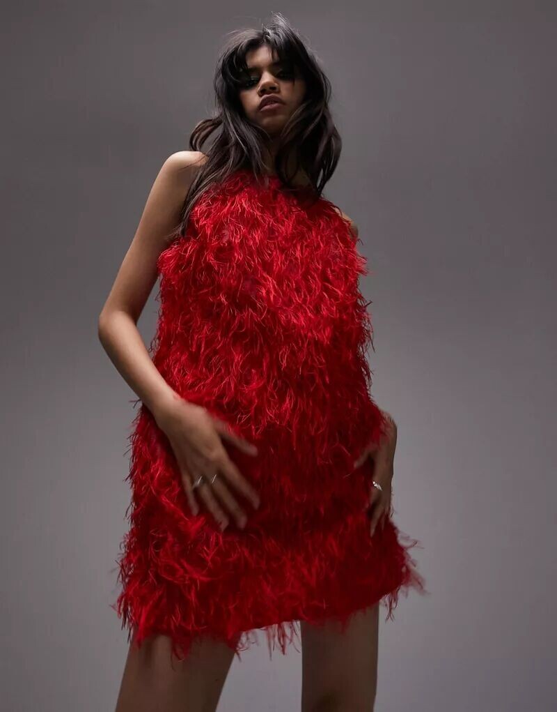 

Красное платье мини из искусственных перьев Topshop