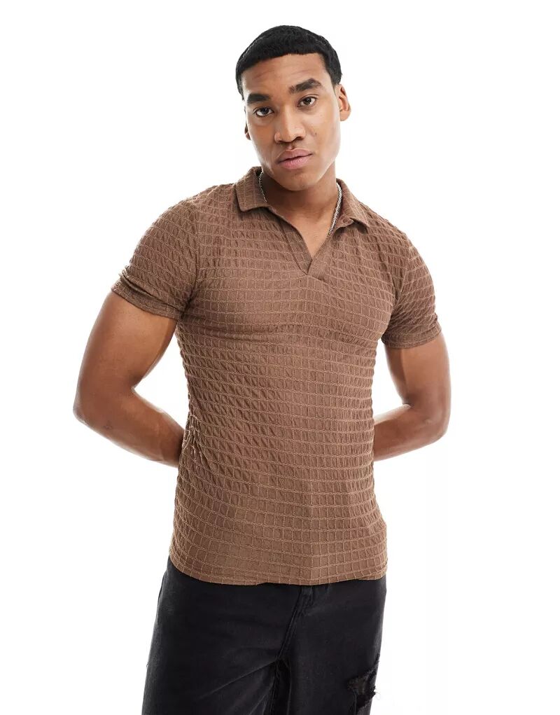 Текстурированная коричневая рубашка-поло узкого кроя ASOS