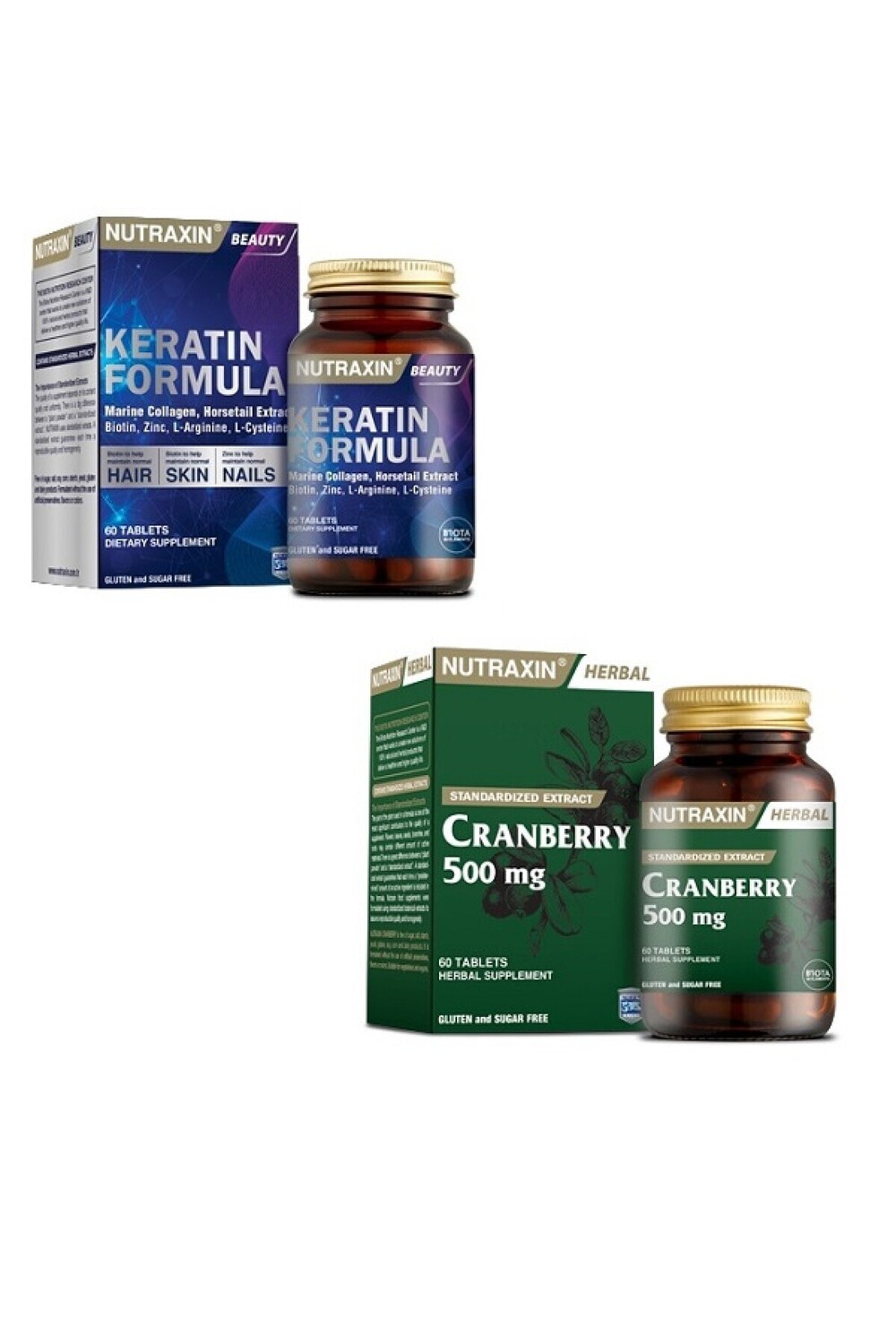 

Nutraxin Кератин для волос и ногтей + Пищевая поддержка Клюква 60 таблеток
