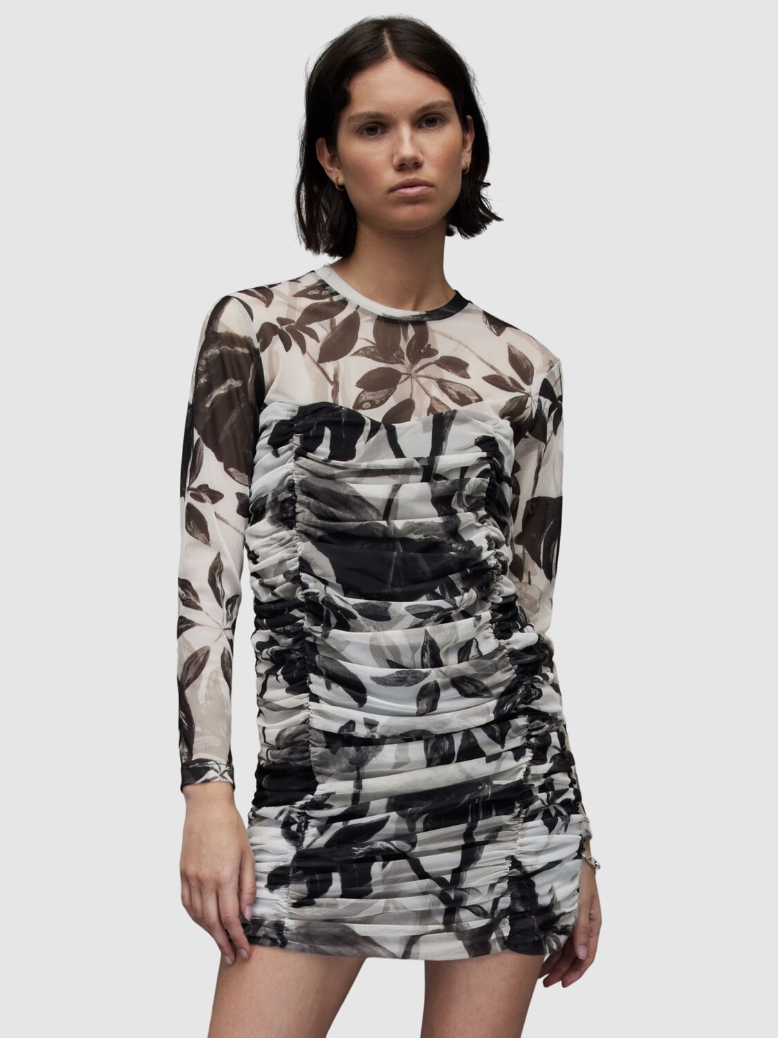 

Мини-платье AllSaints Giorgia Jackie из сетки со сборками, белый/черный
