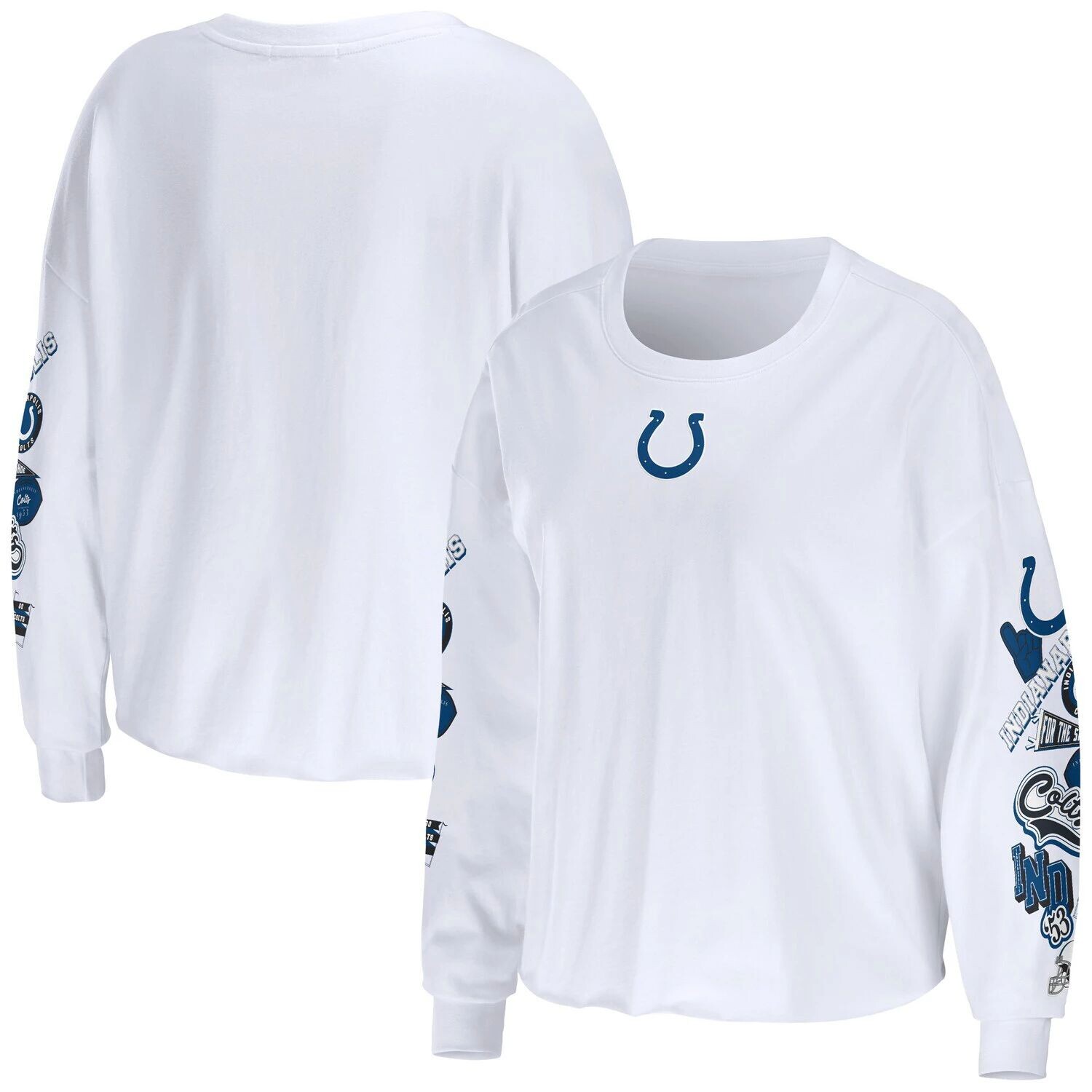 

Женская WEAR by Erin Andrews Белая укороченная футболка с длинными рукавами Indianapolis Colts Celebration