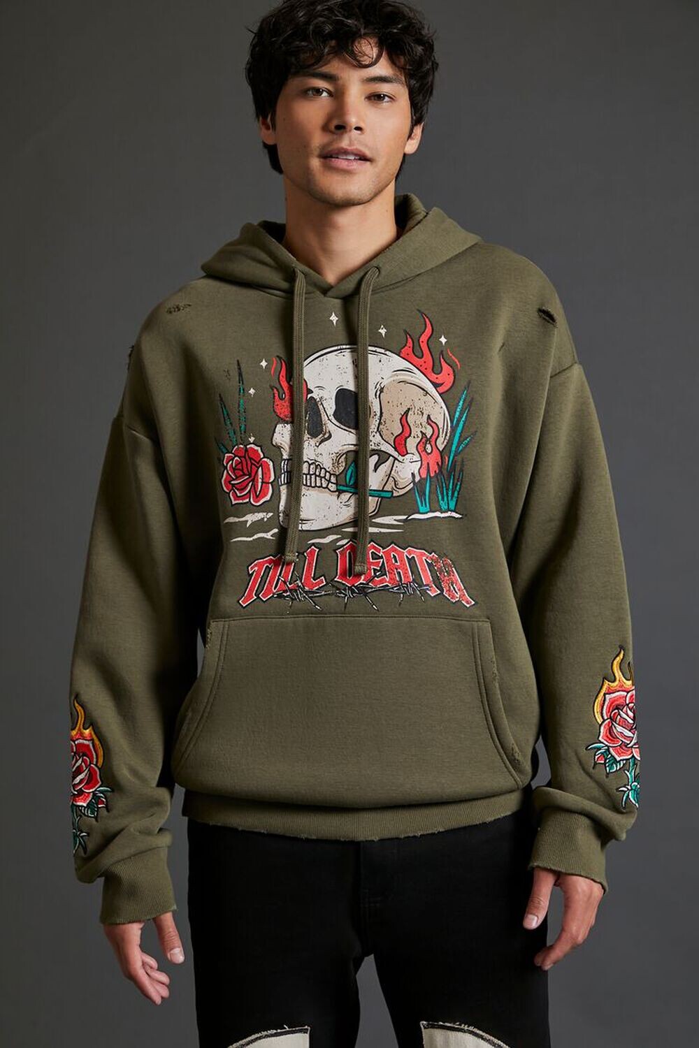 

Толстовка с принтом Flaming Skull Forever 21, оливковый, Зеленый