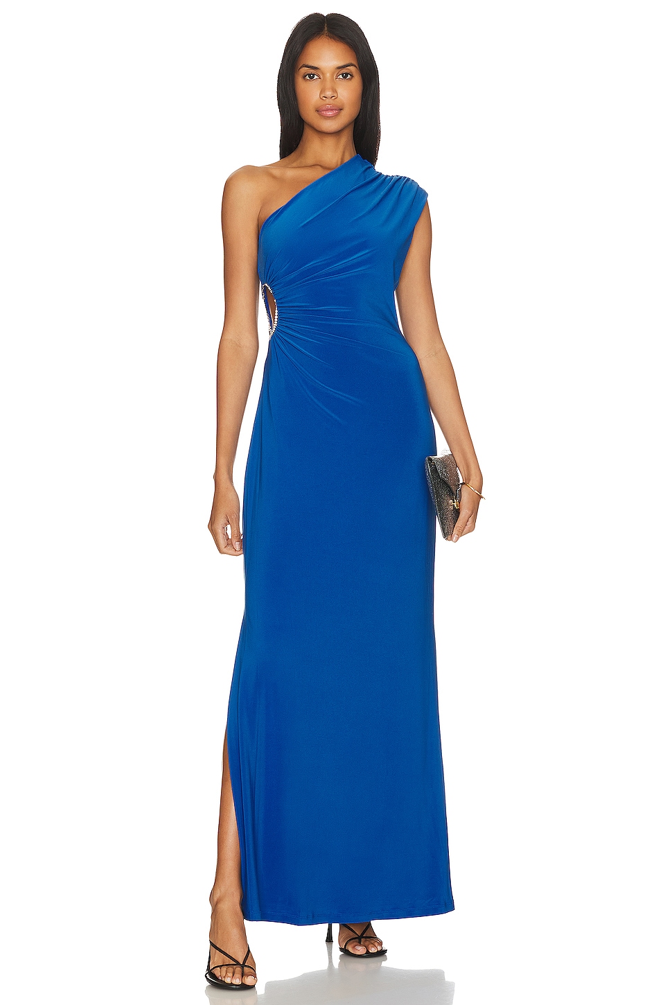цена Платье BCBGMAXAZRIA One Shoulder Cut Out Gown, синий