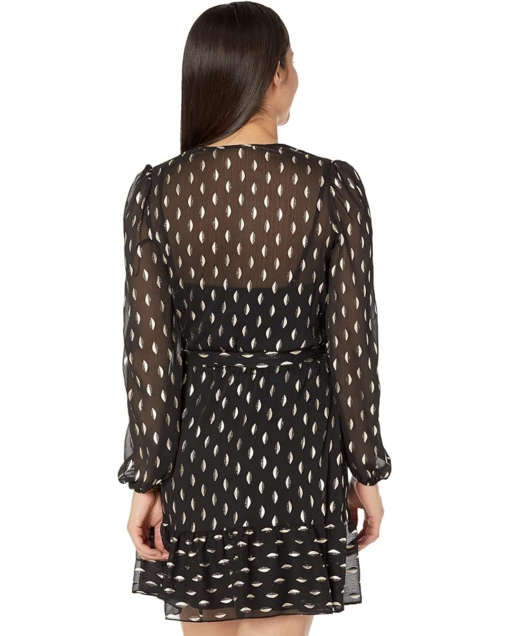 

Платье Betsy & Adam Short Long Sleeve Chiffon Clip Dot w/ Tie Belt, цвет Black/Gold