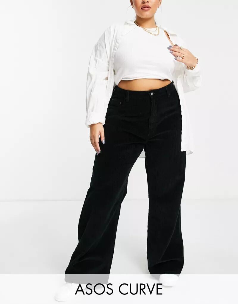 

Черные вельветовые свободные джинсы с завышенной талией ASOS Curve