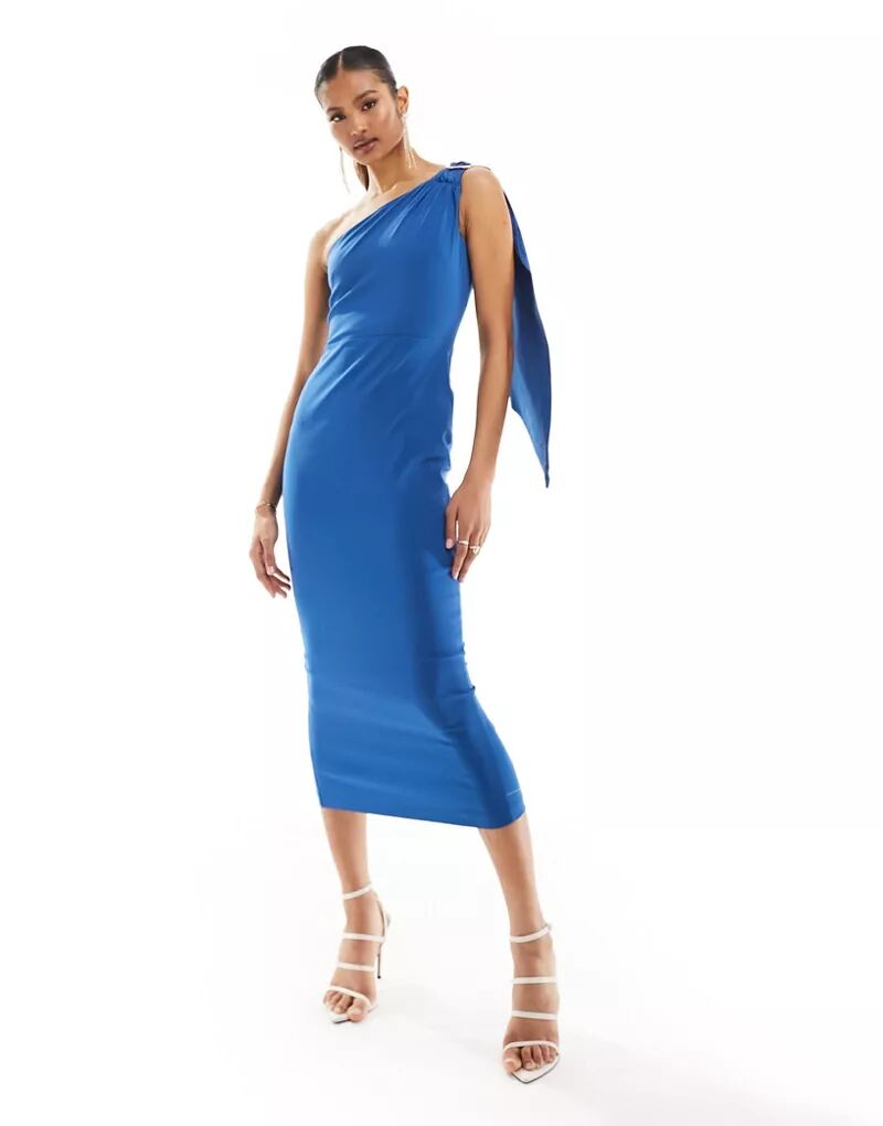 Эксклюзивное синее платье средней длины с драпировкой на плечах Vesper