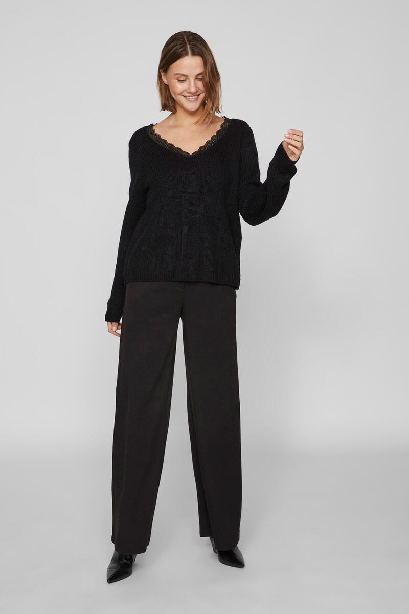 Кружевной свитер Vila, черный демисезонный однотонный пуловер с v образным вырезом и кружевной вышивкой с помпоном шифоновая рубашка топ женская свободная повседневна