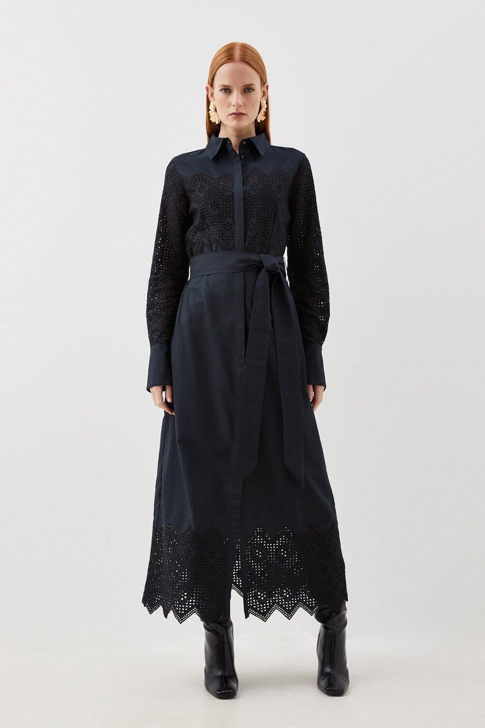 

Хлопковое тканое платье макси с вышивкой Broderie Karen Millen, темно-синий