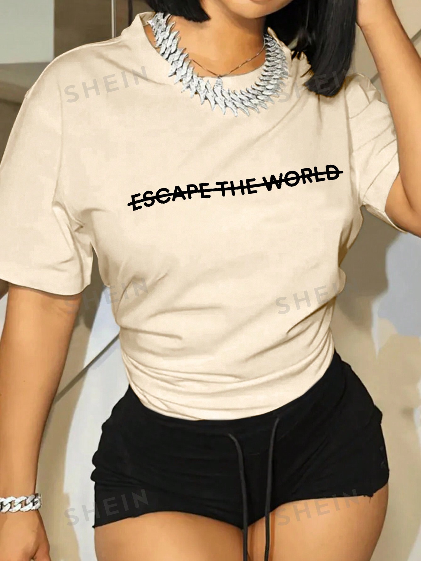 SHEIN Slayr Женская футболка с короткими рукавами, бежевый shein slayr женская футболка с круглым вырезом и принтом слогана бежевый