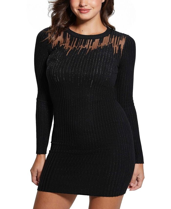 

Женское мини-платье вязки в рубчик с украшением Claudine GUESS, черный