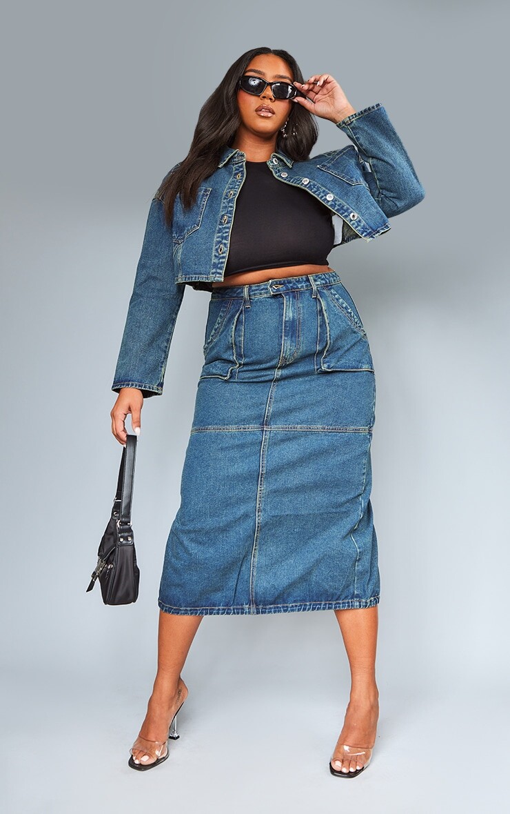 

PrettyLittleThing Джинсовая юбка-миди размера плюс Vintage с потертыми швами