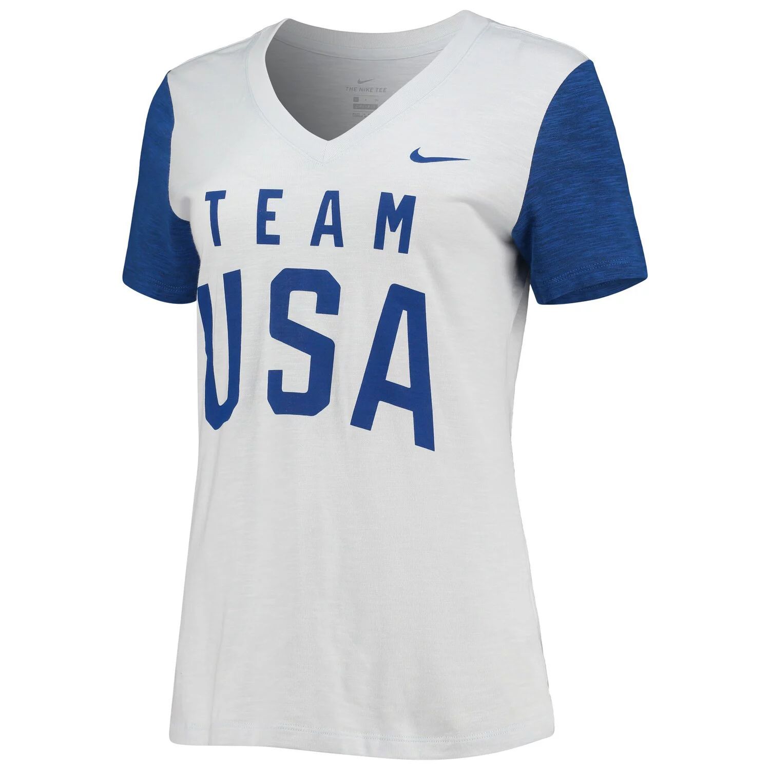 

Женская футболка Nike White/Royal Team USA Performance Cotton Slub с цветными блоками и v-образным вырезом Nike