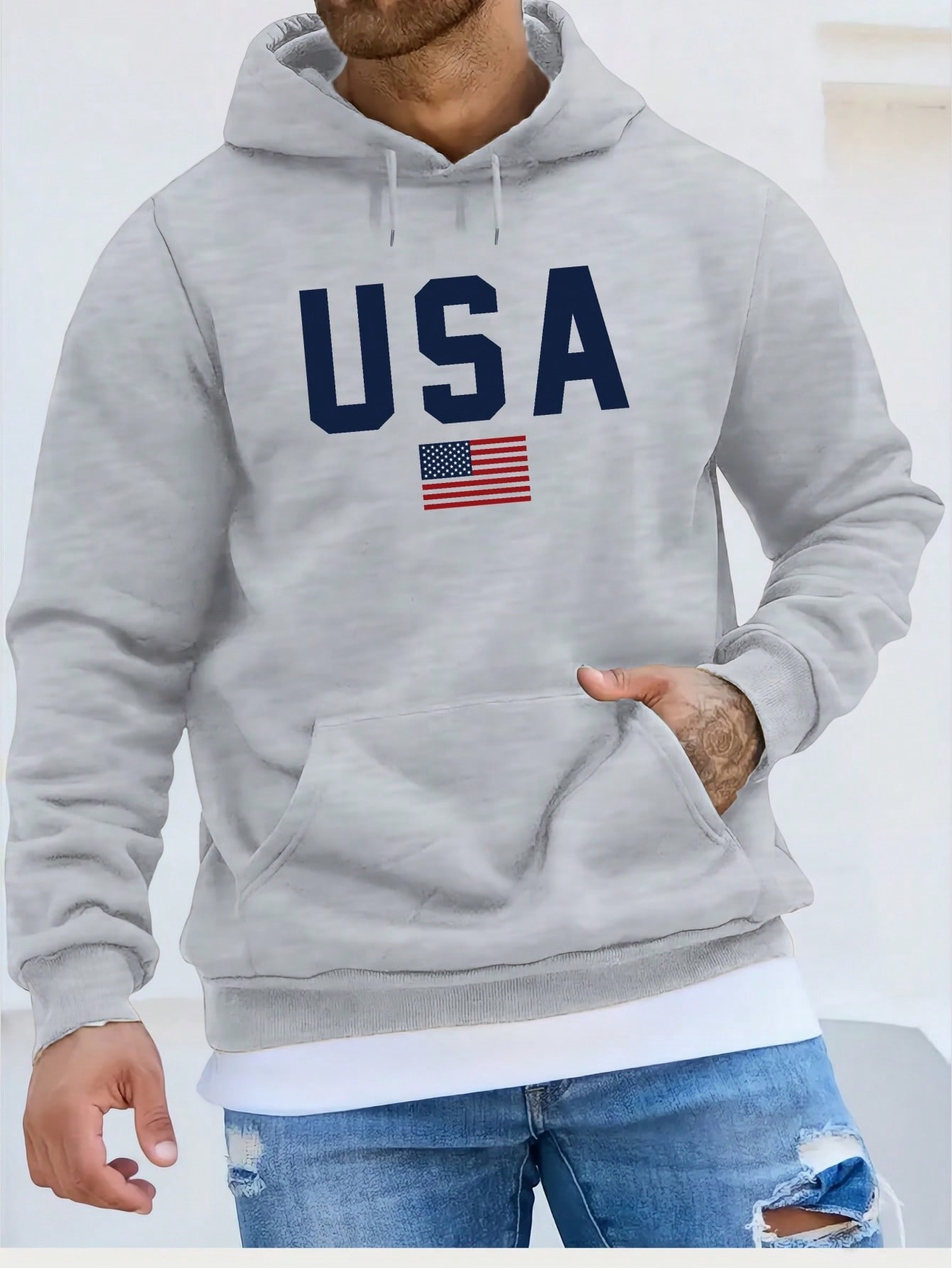 цена Мужская толстовка с капюшоном и длинными рукавами с принтом букв и американского флага на шнурке, светло-серый