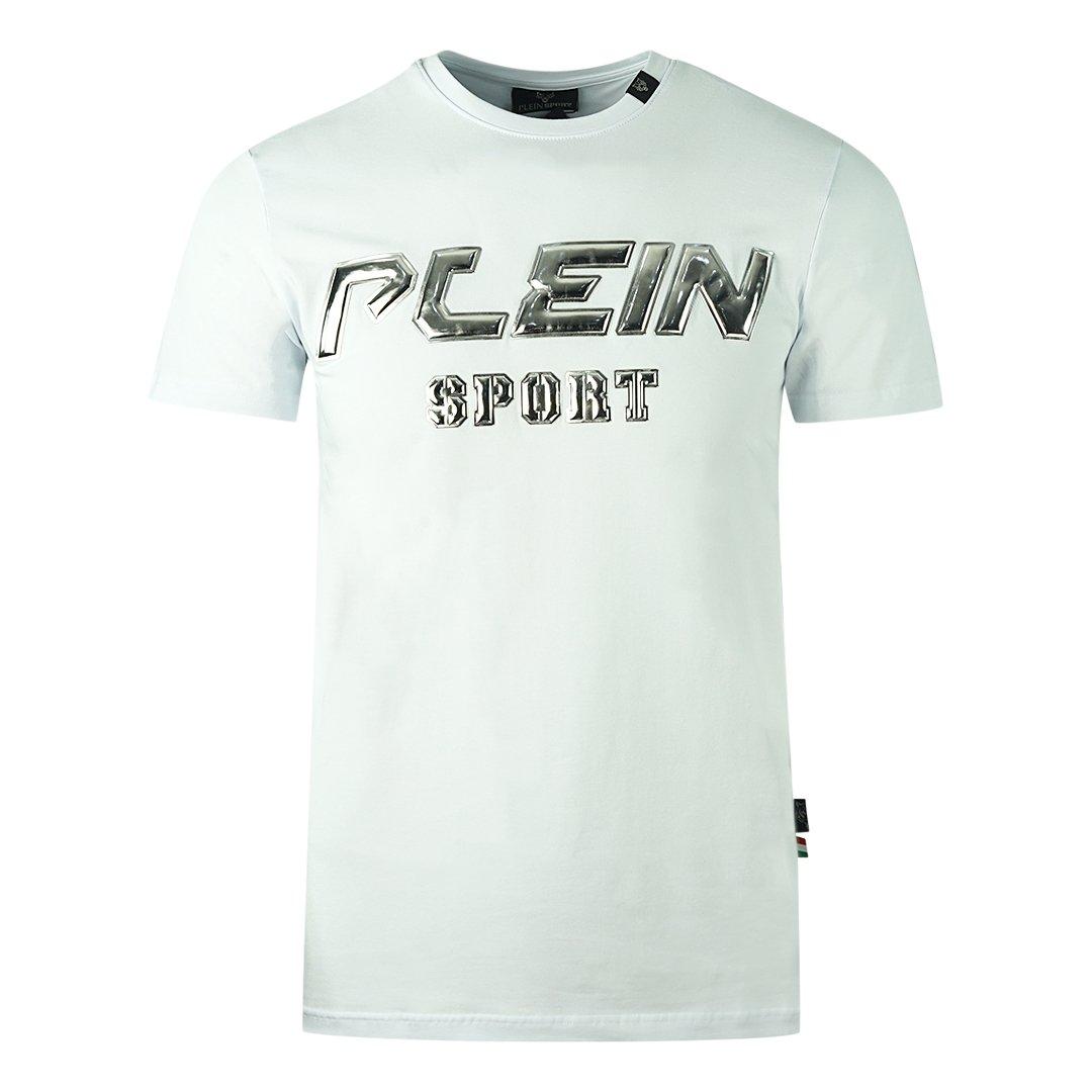 Белая футболка с большим серебряным логотипом Plein Sport, белый сумка plein sport бордовый