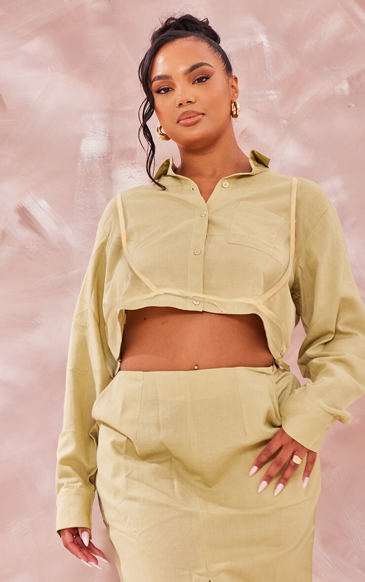 

PrettyLittleThing Укороченная рубашка цвета льна Plus Sage Green с ремешками