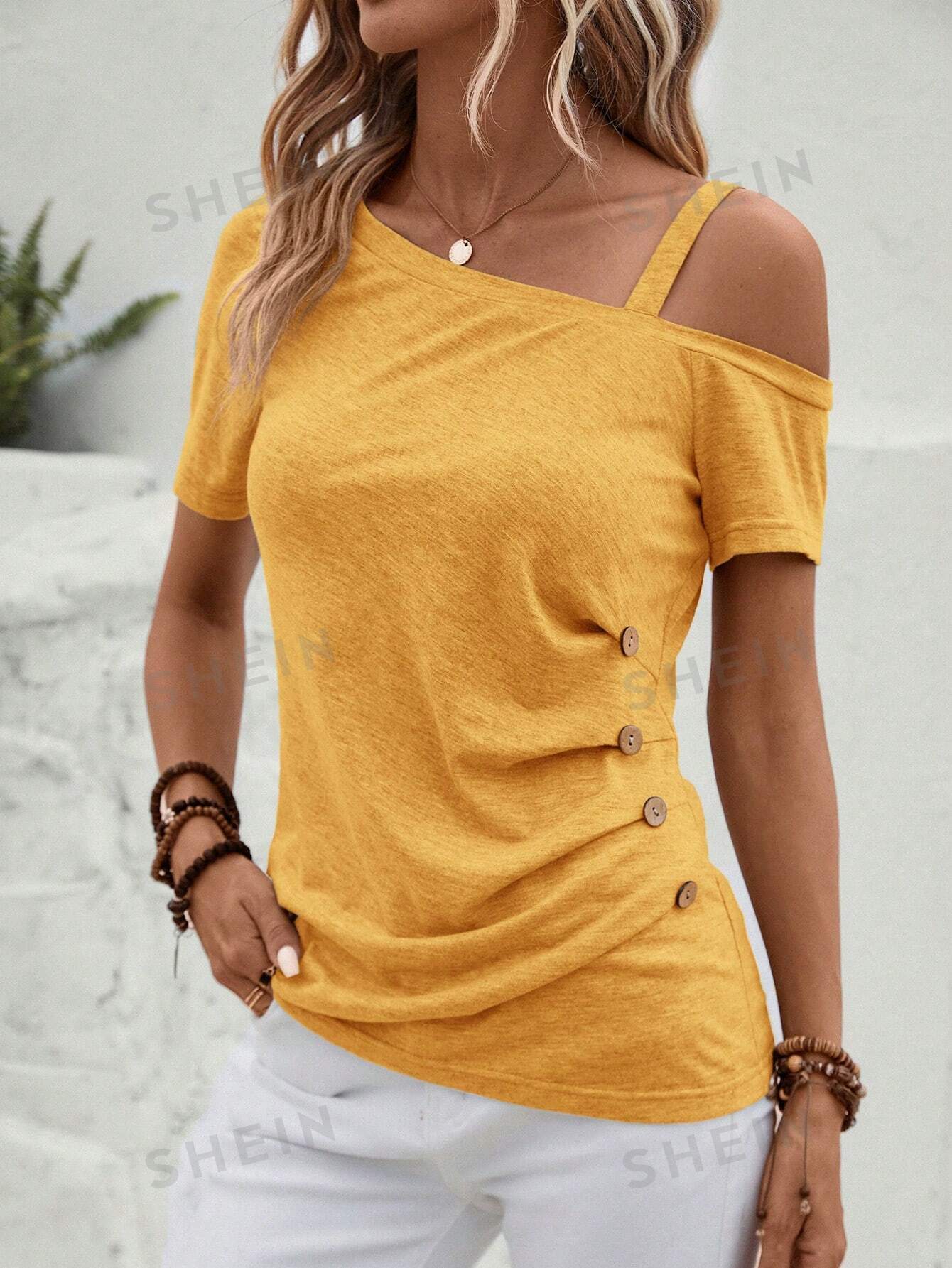 SHEIN Clasi Асимметричная футболка с воротником и пуговицами, желтый