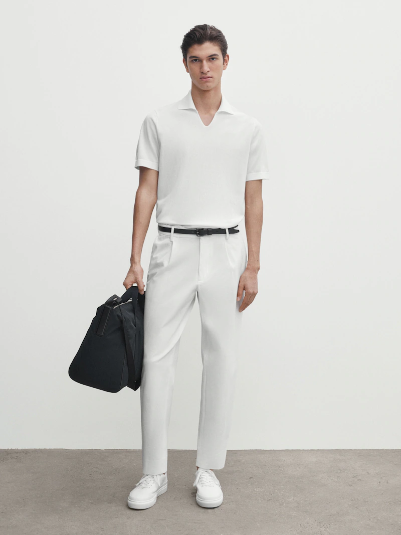 

Свитер-поло миланской вязки с короткими рукавами Massimo Dutti, белый