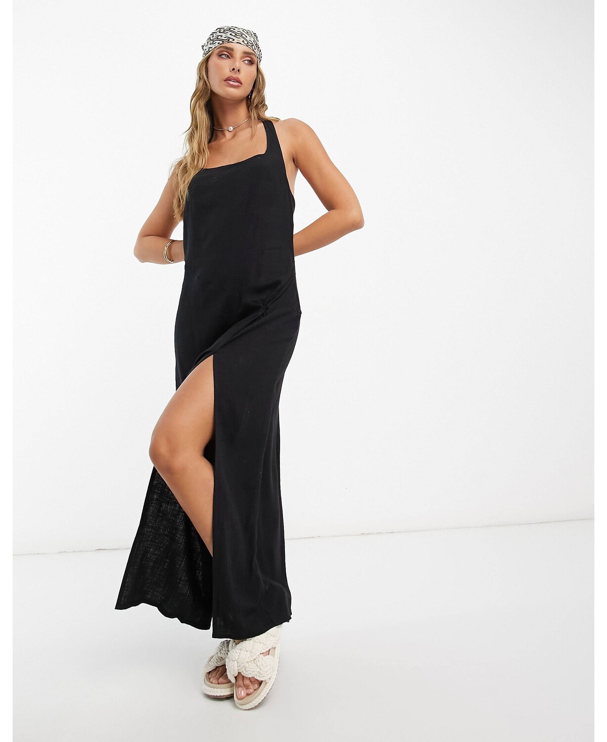 

Черный льняной сарафан макси с вырезом на шее и узлом ASOS DESIGN